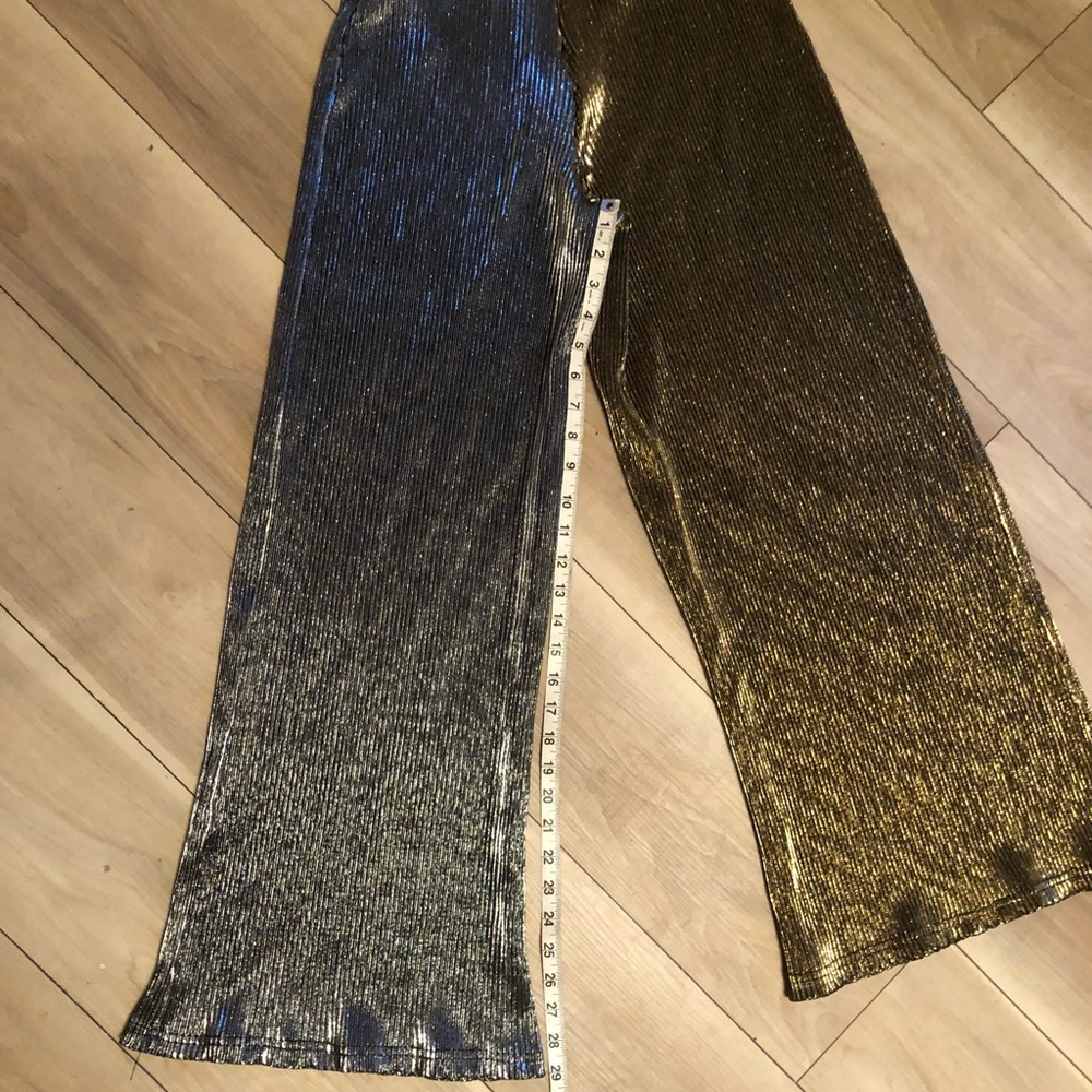 Gold & Silver Metallic Colour Block Wide Leg Pants Flowy Flare Loose Trousers 28